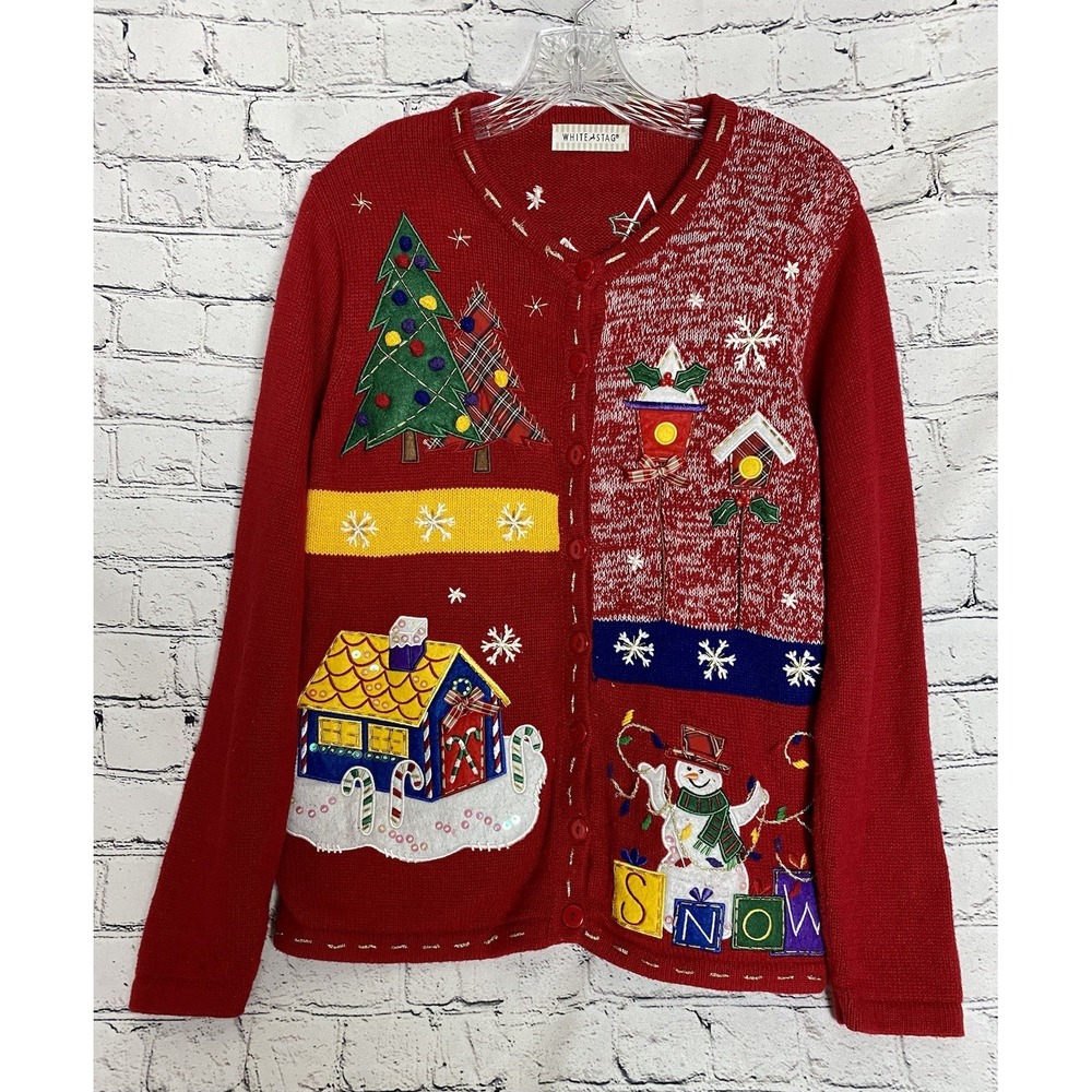 White Stag Red Embroidered Button-Up Ugly‎ Christmas Cardigan Sweater Women's L